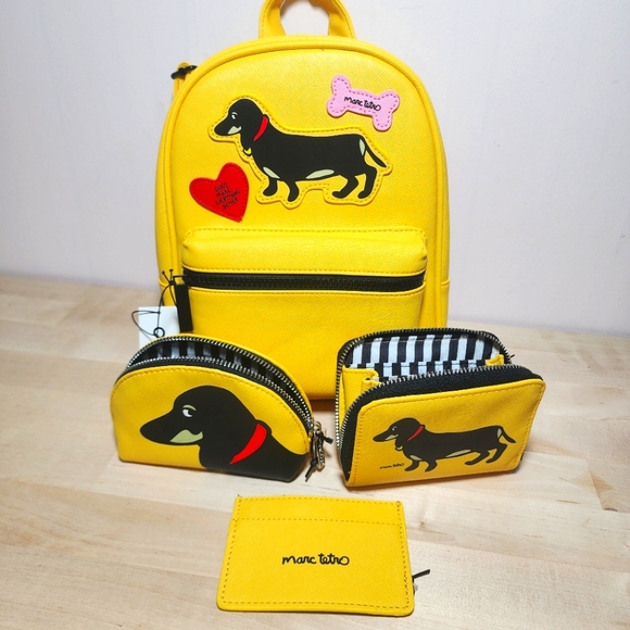 Marc Tetro Handbags - Marc Tetro 4 Piece Set -Yellow- Mini Backpack, Wallet, Coin & Card - Dachshund